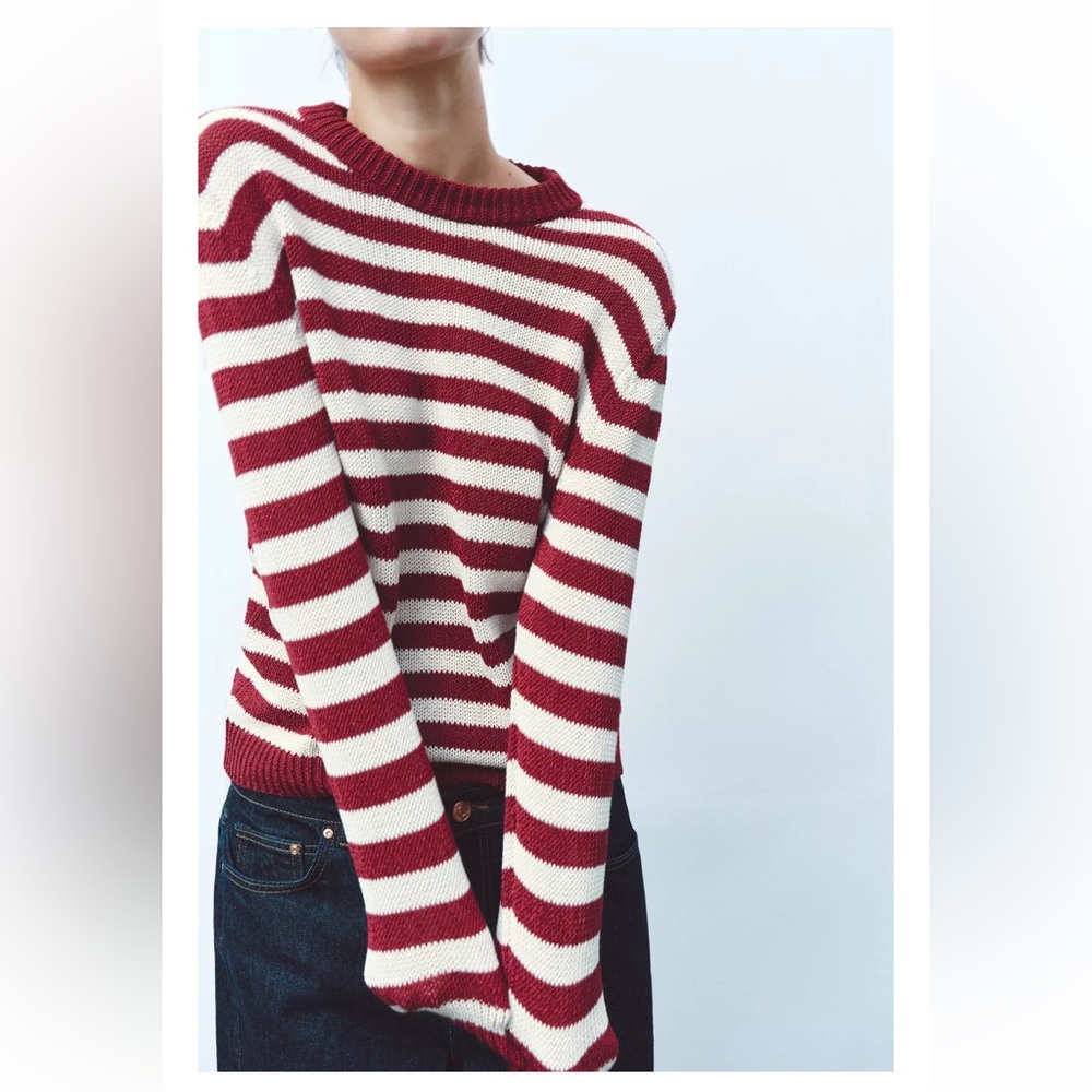 Zara Burgundy and Cream Striped Crewneck‎ Candy Cane Sweater Size Small